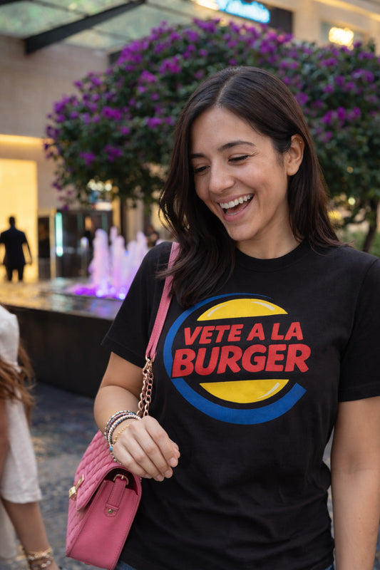 Black Unisex tee with Vete a la Burger Graphic
